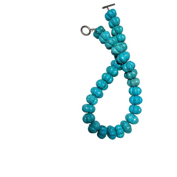 Carved Turquoise Melon Bead Necklace 17.5mm Sterling Silver Toggle Clasp 17" 197 - Picture 2 of 11